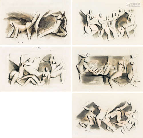 丁雄泉 1951年 人体系列一（5张） 纸本水彩