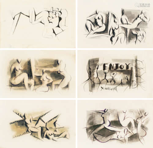 丁雄泉 1951年 人体系列二（6张） 纸本水彩