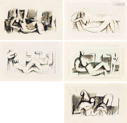 丁雄泉 1951年 人体系列三（5张） 纸本水彩