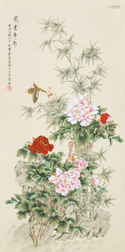 俞致贞 壬戌（1982年）作 花丛舞彩 镜心  设色纸本