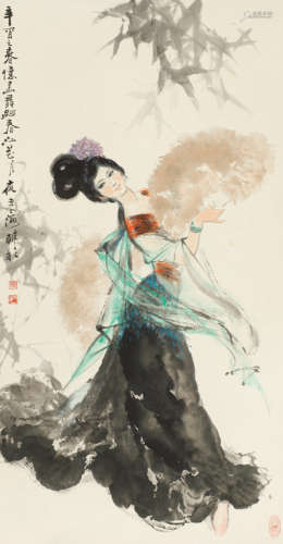 韩敏 辛酉（1981年）作 舞蹈人物 立轴  设色纸本