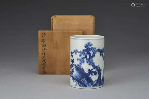 A BLUE AND WHITE BRUSH POT, QING DYNASTY, KANGXI PERIOD