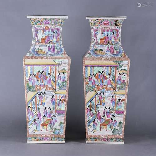 A PAIR OF CANTONESE FAMILLE ROSE VASES, MING DYNASTY