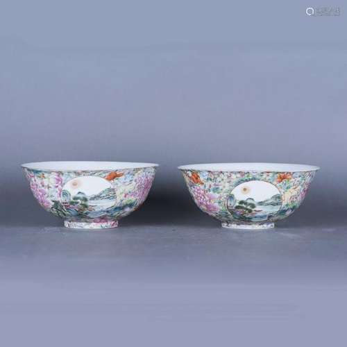 A PAIR OF FAMILLE ROSE 'LANDSCAPE' MEDALLION BOWLS