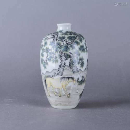 A FAMILLE ROSE 'HORSE AND PINE' VASE