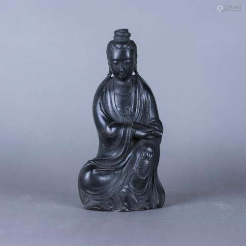 A SILVER WIRE-INLAID BRONZE FIGURE OF GUANYIN