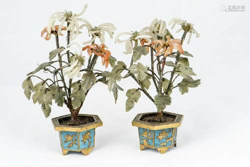 CLOISONNE JARDINIERE WITH HARDSTONE-MOUNTED TREES, PAIR