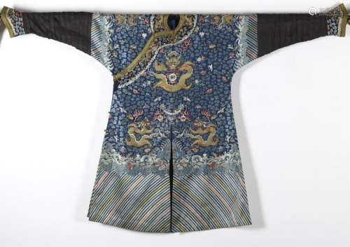 A CHINESE BLUE SILK EMBROIDERED DRAGON ROBE, QING