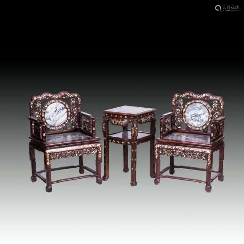 CHINESE MARBLE AND MOTHER-OF-PEARL INLAID HONGMU CHAIRS
