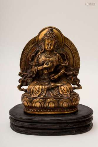 Buddha \nBrass, seated on a throne with two rows of…