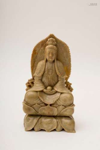 Soapstone Buddha \nSeated on a throne with a double…