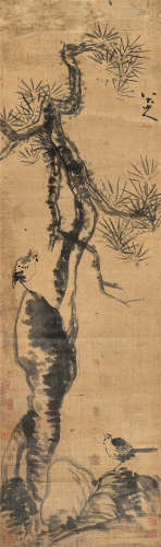 朱耷（1626～约1705）（款） 松石小鸟 立轴 水墨纸本