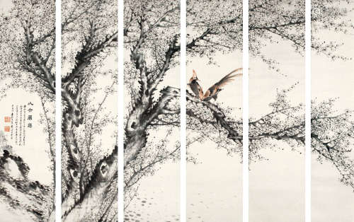彭玉麟（1816～1890） 以介眉寿通景六屏 立轴 设色纸本