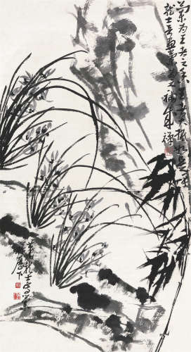李苦禅（1899～1983）萧龙士（1889～1990） 兰石图 立轴 水墨纸本
