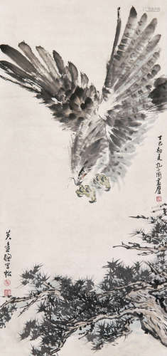 孔小瑜（1899～1984）黄达聪（1914～2001） 松鹰 立轴 设色纸本