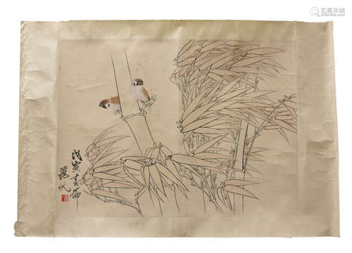 Chinese Painting of Songbirds & Bamboo by: Wan Yi