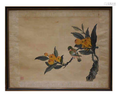 A Chinese Painting of a Magpie w/ Persimmon,Qing D