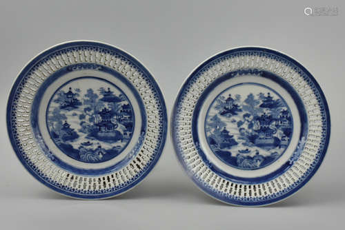 Pair of B&W Openwork Plates w/ Building,19th C.