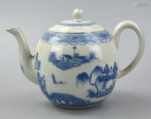 Chinese B / W Teapot & Cover w/ Landscape, 18th C.