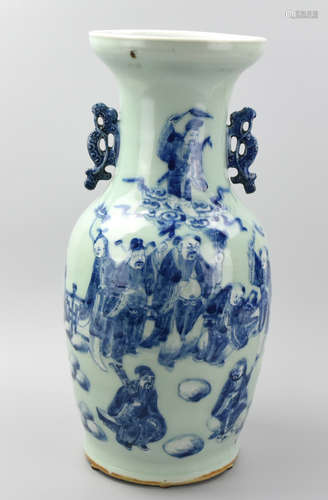 Chinese Celadon B & W Vase w/ Figures,19th C.