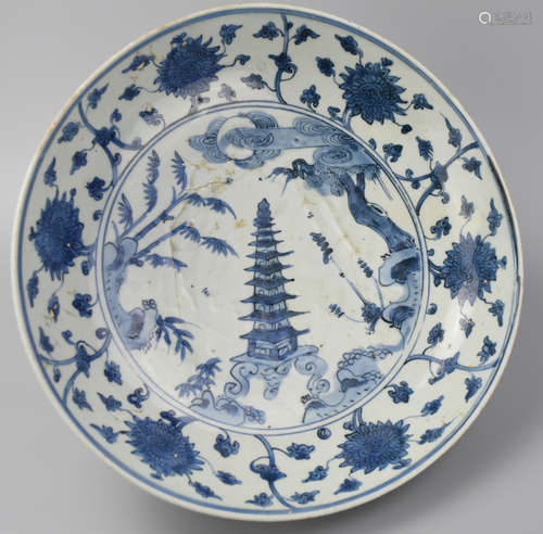 Large Chinese B & W Charger w/ Crane&Tower, Ming D