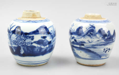 (2)Small Chinese B & W Jar w/ Landscape Jar,19th C