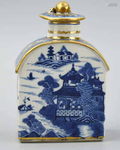 Chinese Gilt Blue & White Tea Caddy, 18th C.