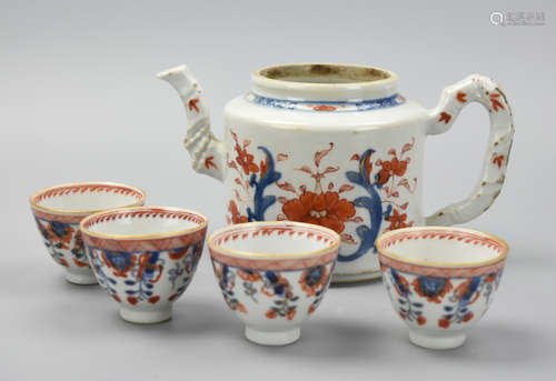 (5) Four Blue & Iron Red Cups and Teapot, 18th C.