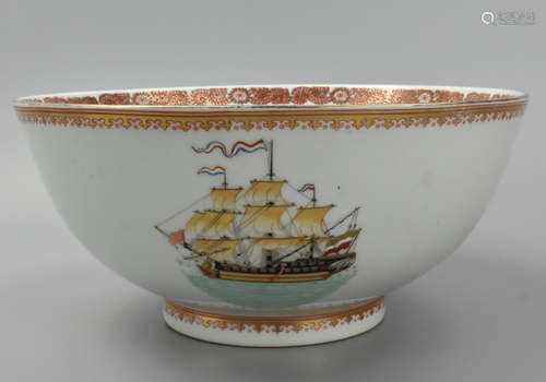 Chinese Large Gilded Sailing Ship Bowl, 20th C.