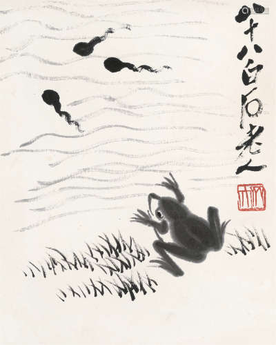 齐白石（1864～1957） 青蛙蝌蚪 立轴 水墨纸本