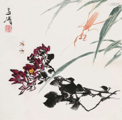王雪涛（1903～1982） 菊花秋虫 立轴 设色纸本