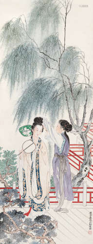 刘凌沧（1908～1989） 1930年作 柳荫仕女 立轴 设色纸本