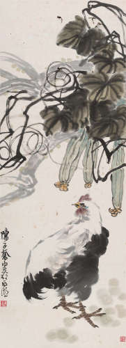 陈子奋（1898～1976） 丝瓜公鸡 立轴 设色纸本