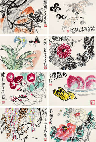 陈大羽（1912～2001） 1987年作 花卉 （八开） 册页 设色纸本