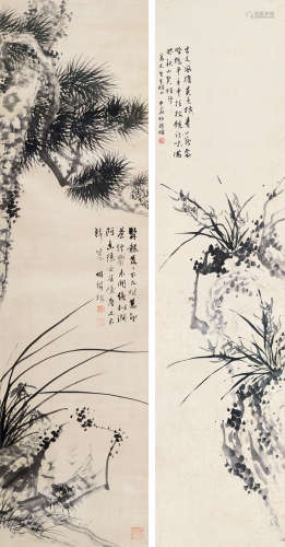 胡铁梅（1848～1899） 兰石二屏 立轴 水墨纸本