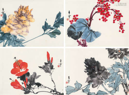 于希宁（1913～2007） 花卉四屏 立轴 设色纸本
