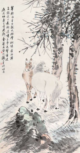 金梦石（1869～1952） 1910年作 柳荫双马 立轴 设色纸本
