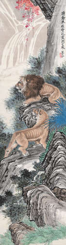 朱文侯（1895～1961） 双狮 立轴 设色纸本