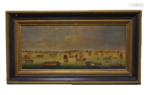Large Chinese Export Oil Painting of Boat, 18th C.