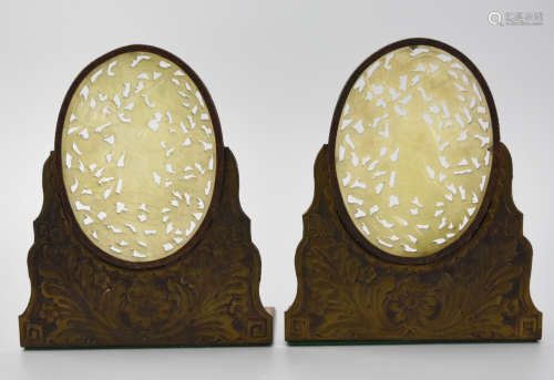 Chinese Pair of Brass & Jade Bookends,Qing D.