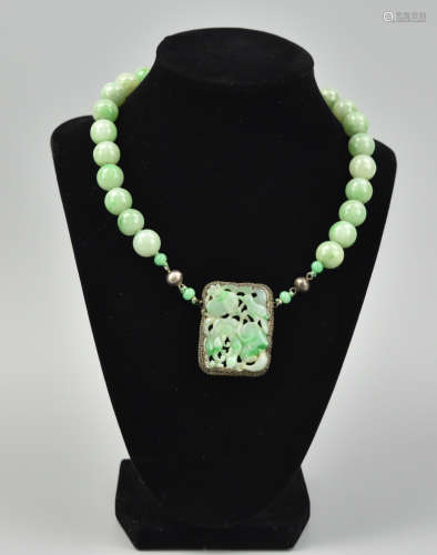 Chinese Beaded Jadeite & Silver Necklace,Qing D.