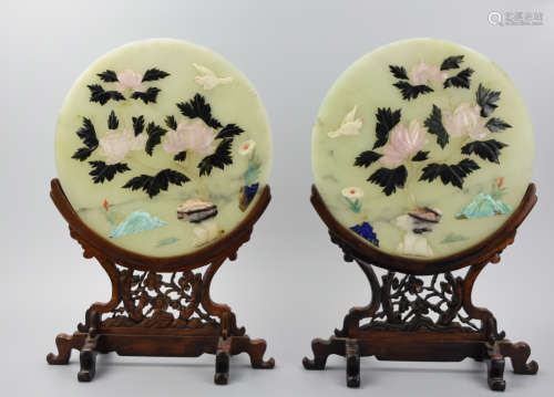 Pair of Chinese Jadeite Plaques w/ Stones on Stand