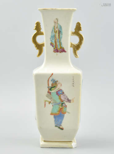 Chinese Square Famille Rose Vase w/ Figure, 19th C