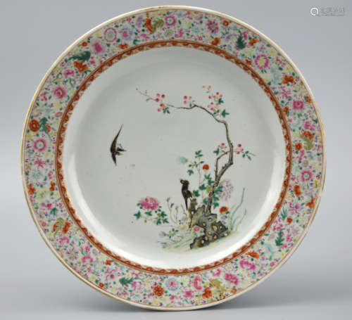 Chinese Famille Rose Plate w/ Tree&Bird,19th C.