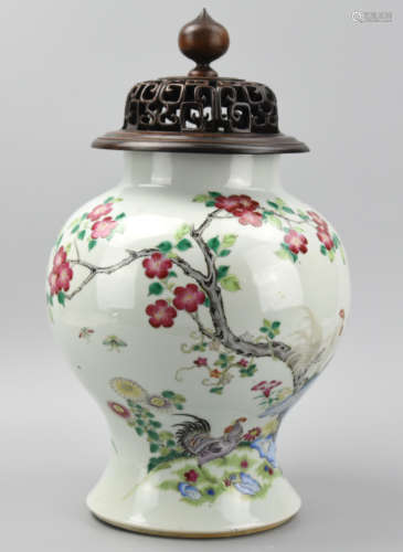 Chinese Famille Ros Jar & Cover w/ Chicken, 19th C