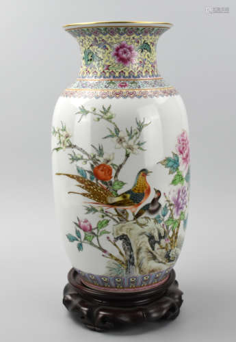 Chinese Famille Rose Vase w/ Birds & Flower,1950s.