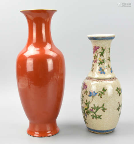 Two Chinese Vases,Coral Red & Ge Glaze, 19-20th C.