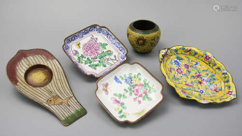 Set of 5 Chinese Canton Enamel Plates & Jar,19th C