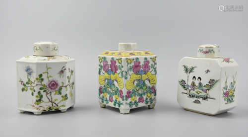 (3) Chinese Famille Rose Tea Caddy, 19th C.