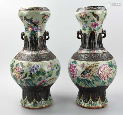 Pair of Large Chinese Celadon Ge-Glaze Vase,19th C